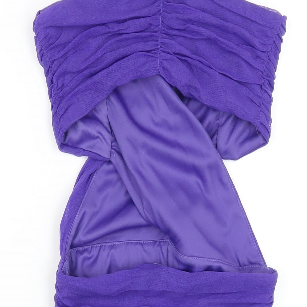 Brand and care label for ASOS women’s purple nylon bodycon, size UK 10, v-neck pullover