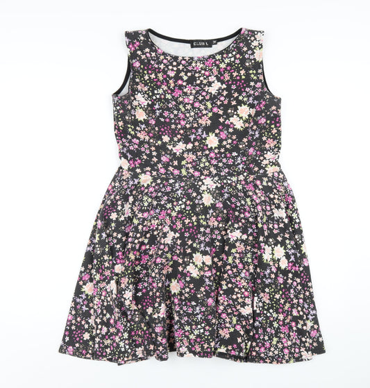 Additional front view of Club L women’s black floral polyester a-line, size UK 14, round neck pullover