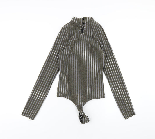 PRETTYLITTLETHING Womens Gold Striped Polyester Bodysuit One-Piece Size 10 Button