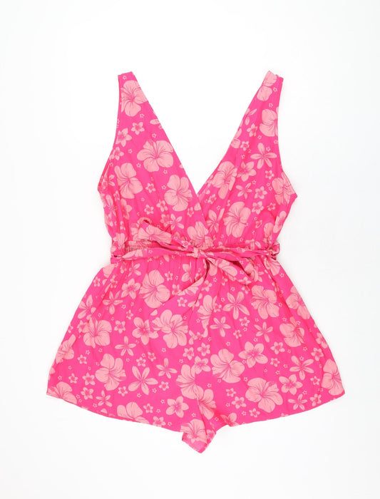 New Look Womens Pink Floral Polyester Playsuit One-Piece Size L Pullover