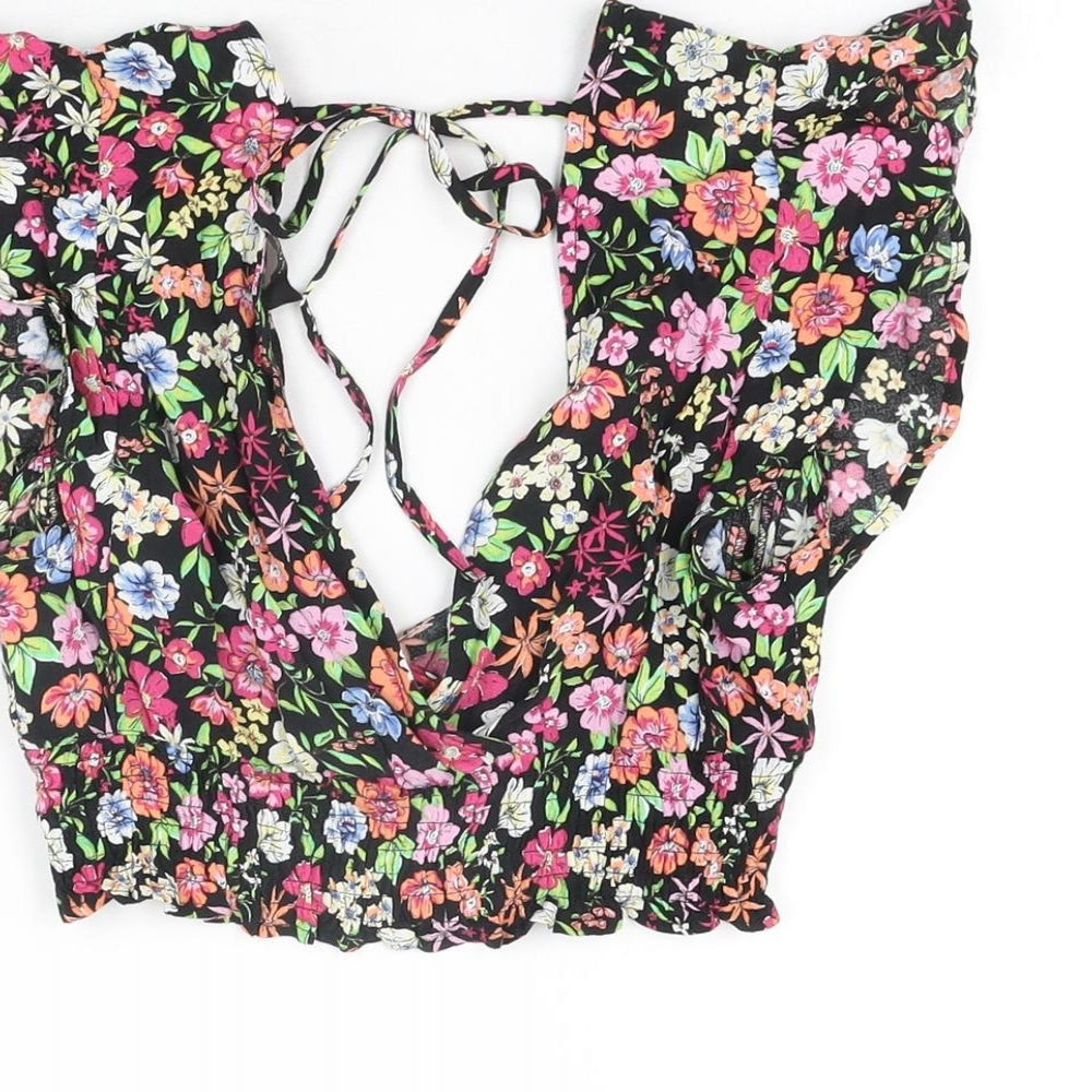 Bershka Womens Black Floral Viscose Cropped T-Shirt Size XS V-Neck