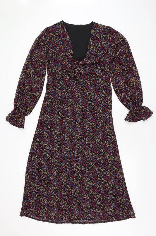 Influence Womens Black Floral Polyester A-Line Size 10 V-Neck Zip