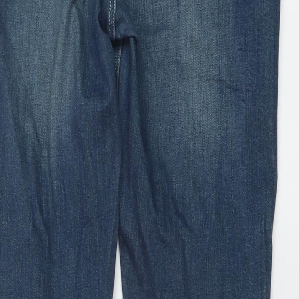 Brand and care label for ASOS men’s blue cotton skinny jeans, size 30, in, 32-inch leg regular button