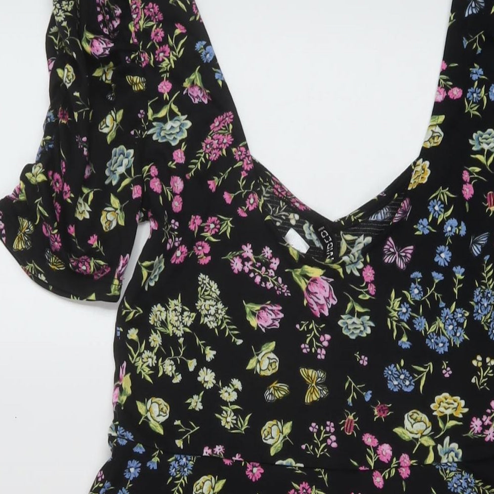 H&M Womens Black Floral Polyester A-Line Size M V-Neck Pullover