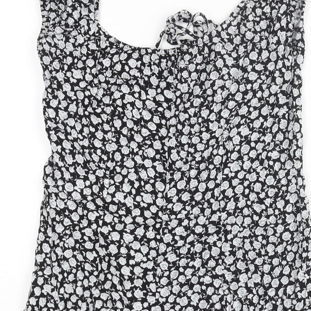 Motel Womens Black Floral Viscose Mini Size S Scoop Neck Tie