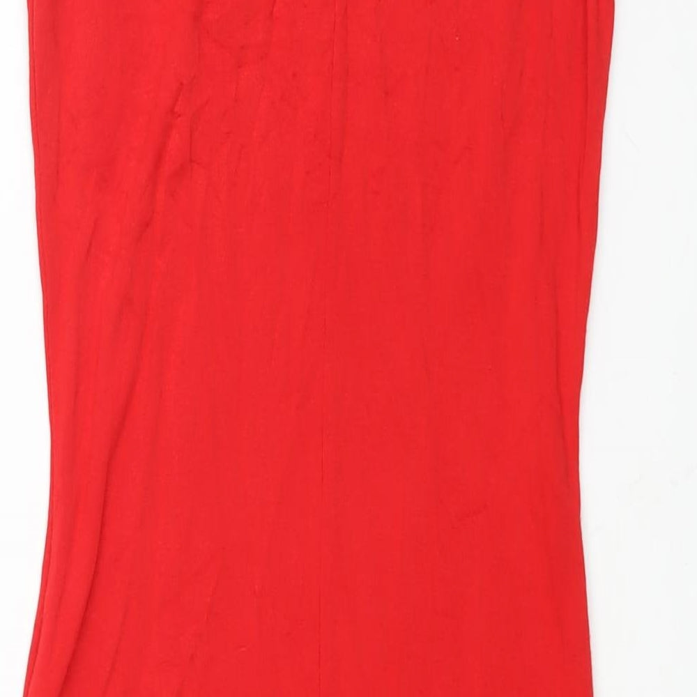 Brand and care label for ASOS women’s red viscose bodycon, size UK 12, round neck pullover - pockets