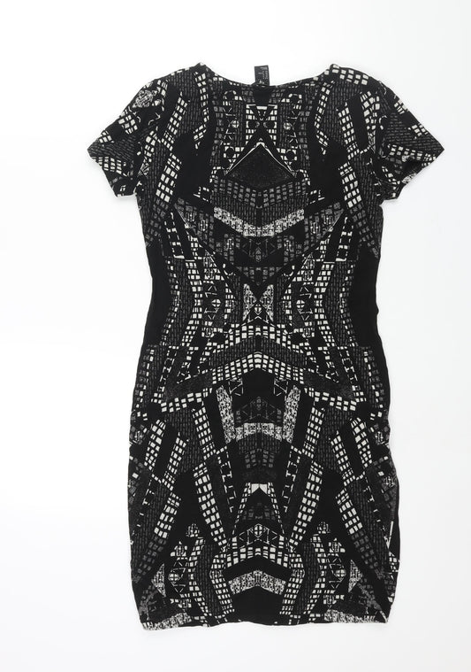 H&M Womens Black Geometric Cotton Bodycon Size M Scoop Neck Pullover