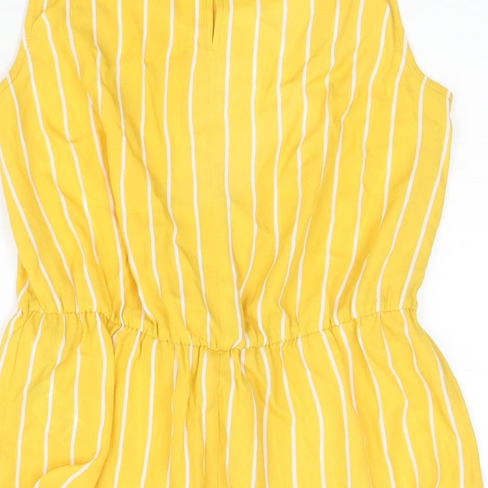 Brand and care label for Miss Selfridge women’s yellow striped polyester camisole blouse, round neck - peplum tie detail