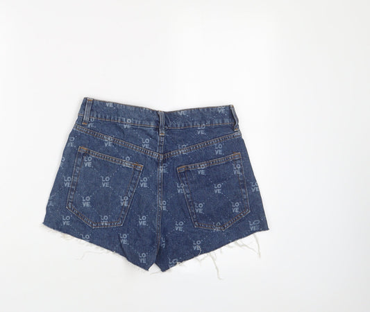 H&M Womens Blue Geometric Cotton Basic Shorts Size 8 Regular Zip - Love