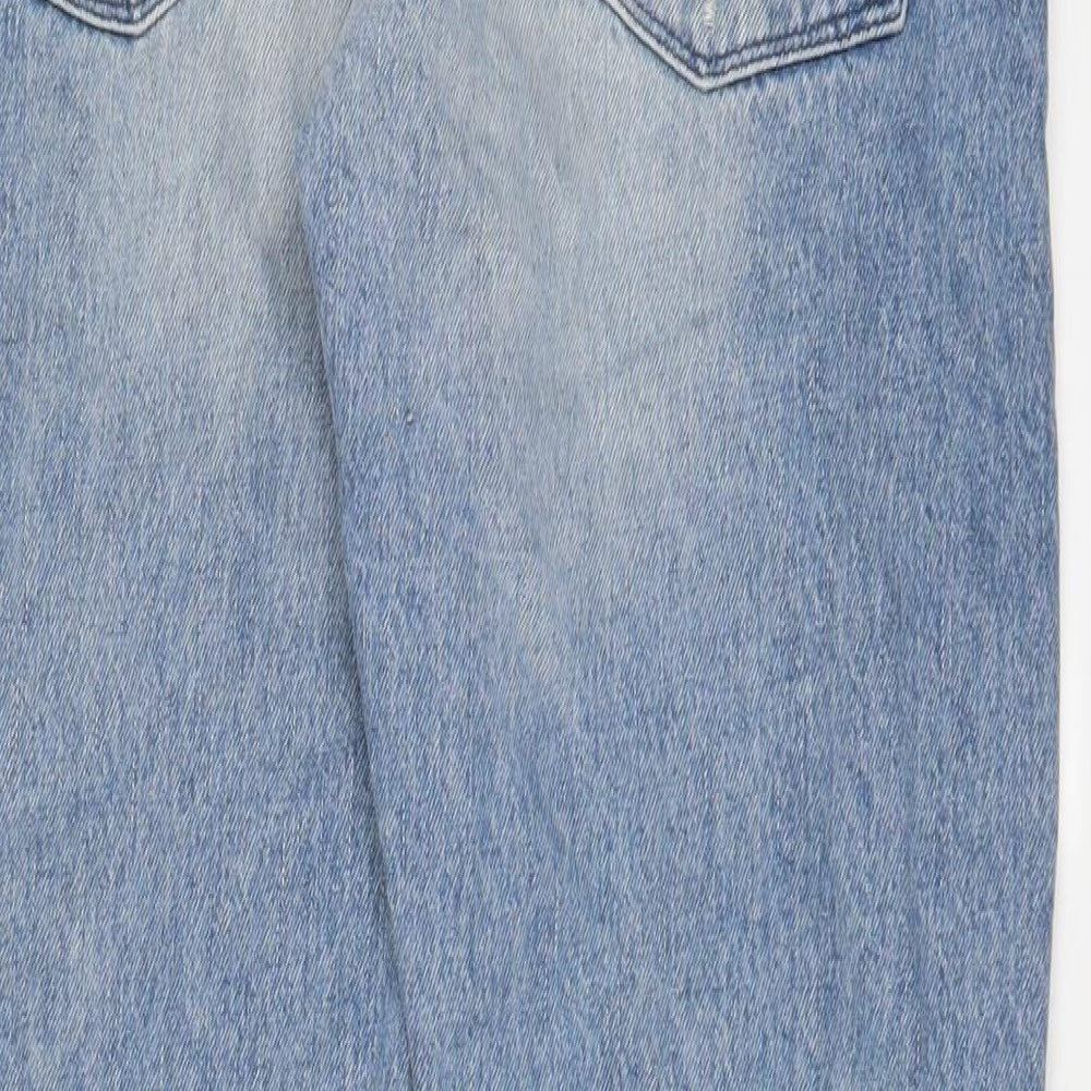 Brand and care label for ASOS men’s blue cotton straight jeans, size 32, in, 32-inch leg regular