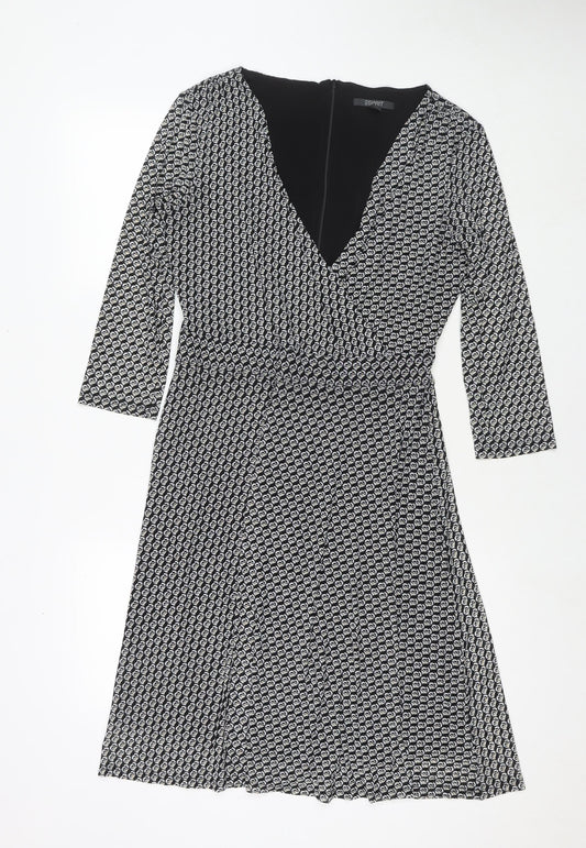 Additional front view of ESPRIT women’s black geometric polyester fit & flare, size M, v-neck zip