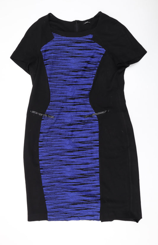 Additional front view of Roman women’s black geometric acrylic a-line, size UK 20, scoop neck zip