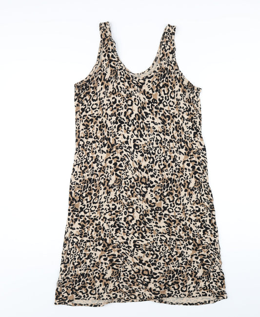 Marks and Spencer Womens Brown Animal Print Viscose Tank Dress Size M Scoop Neck Pullover