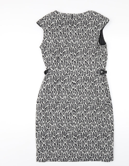 Precis Womens Grey Animal Print Polyester Pencil Dress Size 12 Round Neck Zip
