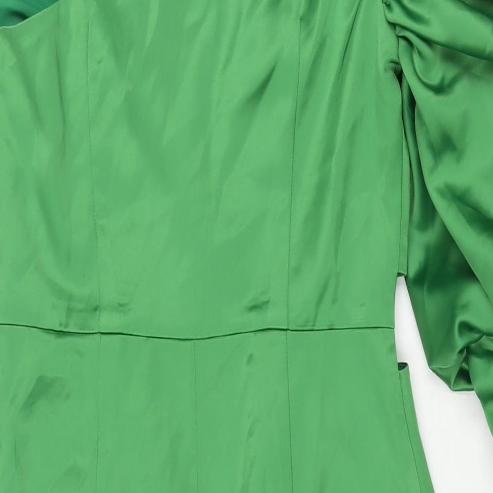 Boohoo Womens Green Polyester Pencil Dress Size 10 One Shoulder Zip - Rouched Sleeve