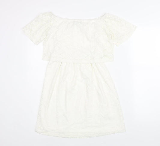 Additional front view of Fashion Union women’s ivory nylon mini, size UK 10, boat neck pullover
