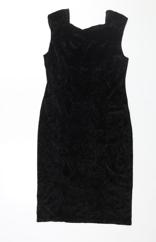 Additional front view of Miss Selfridge women’s black paisley polyester pencil dress, square neck pullover - open back detail