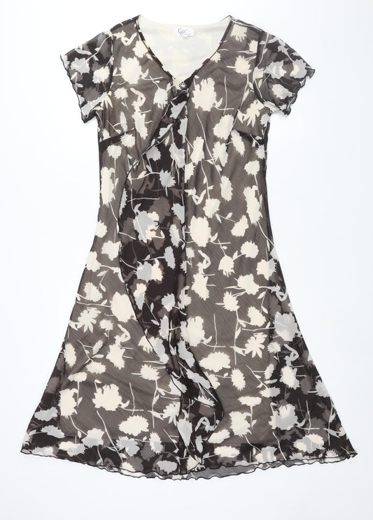 Klass Womens Black Geometric Polyester Shift Size 14 V-Neck Pullover - Frill Floral Print