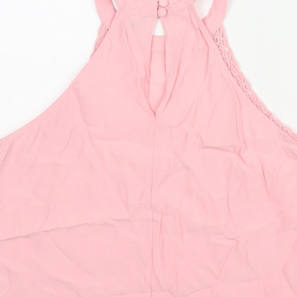 Brand and care label for Miss Selfridge women’s pink viscose camisole blouse, size UK 8, round neck - lace detail