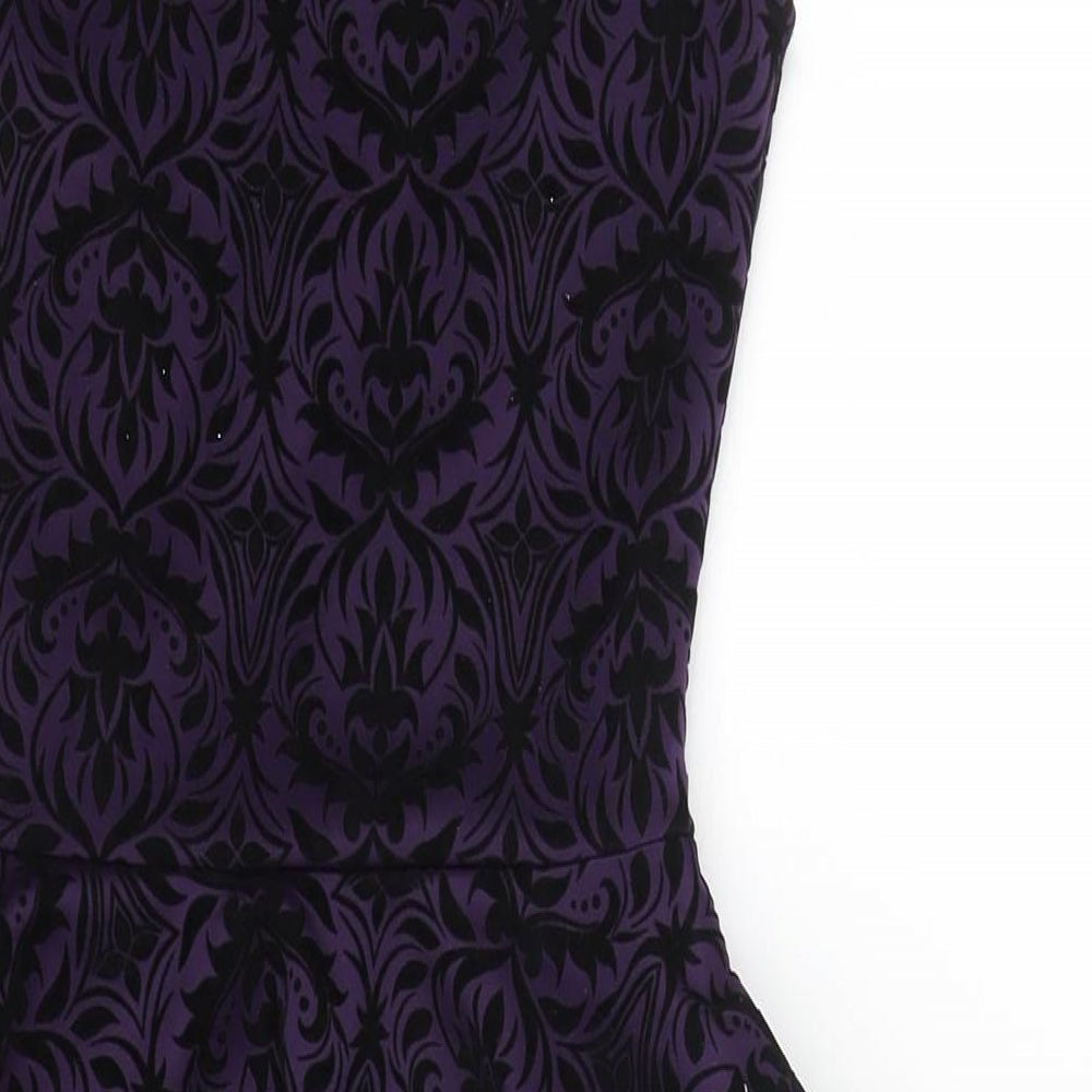 Boohoo Womens Purple Geometric Polyester Bodycon Size 10 Round Neck Pullover - Peplum Velvet Detail