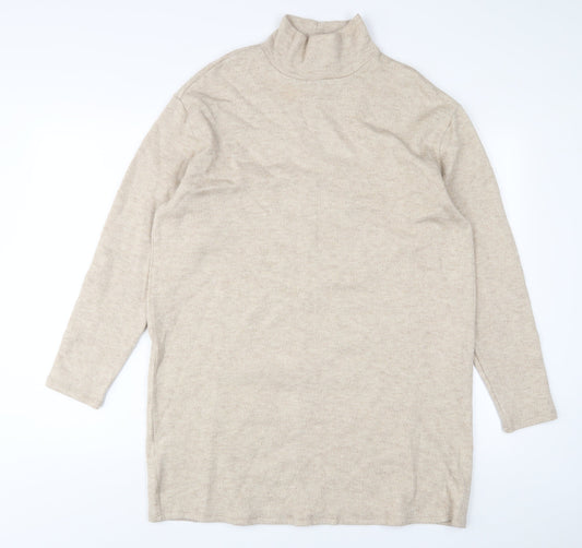 Mango Womens Beige Acrylic Jumper Dress Size M High Neck Pullover