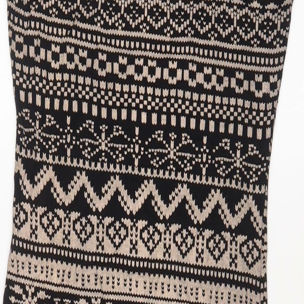 Brand and care label for izabel London women’s black geometric viscose bodycon, size UK 10, roll neck pullover