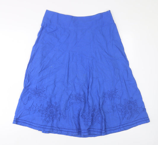 Additional front view of Maine New England women’s blue linen a-line skirt, size UK 10, zip - embroidered