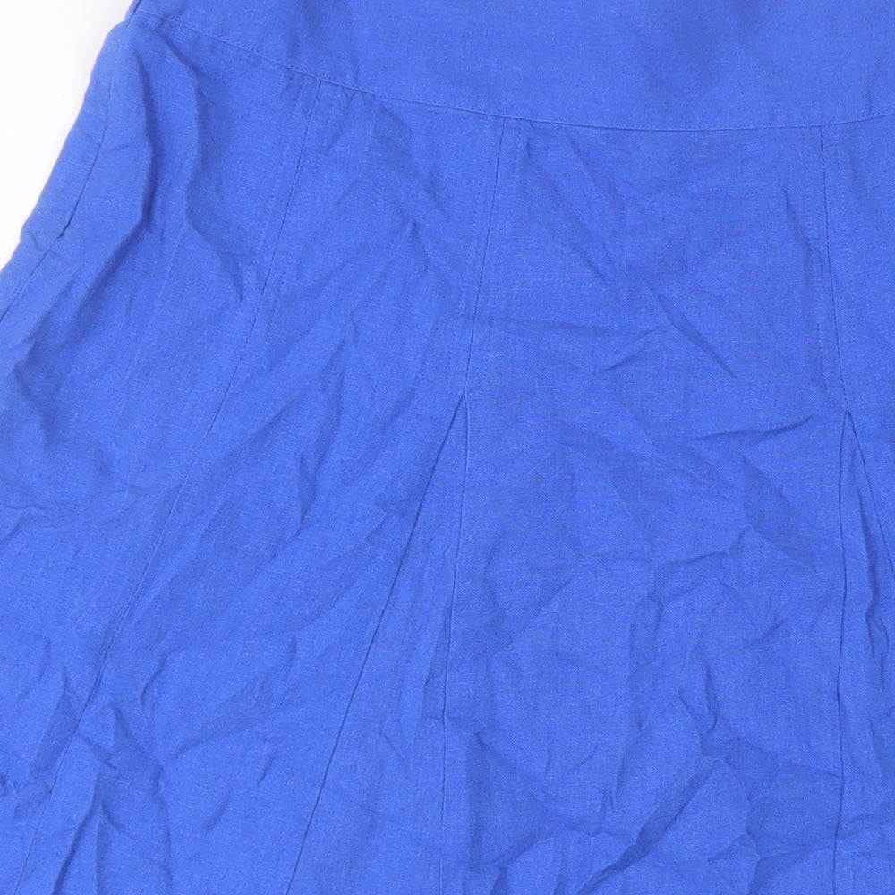Brand and care label for Maine New England women’s blue linen a-line skirt, size UK 10, zip - embroidered