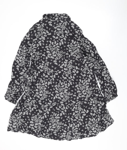 Marks and Spencer Womens Black Floral Viscose A-Line Size 12 Collared Button