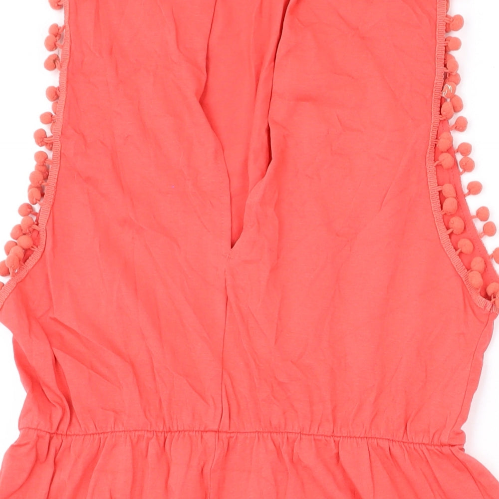 Brand and care label for ASOS women’s pink cotton playsuit one-piece, size UK 10, 3-inch leg button