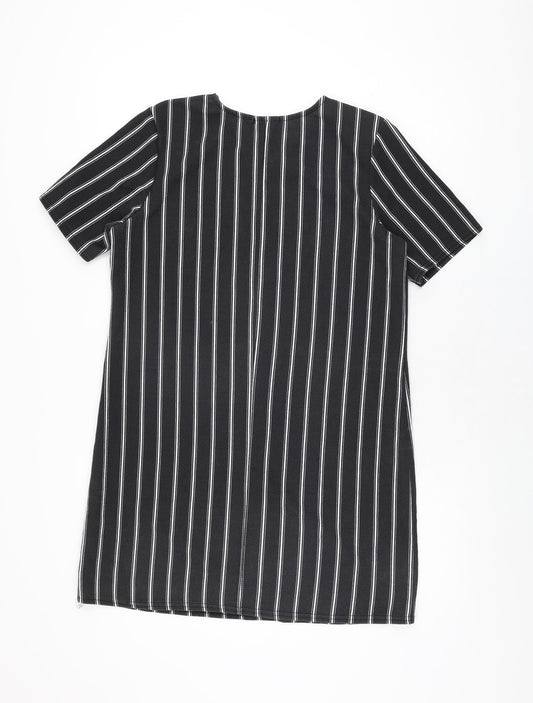 Boohoo Womens Black Striped Polyester Shift Size 12 Round Neck Pullover