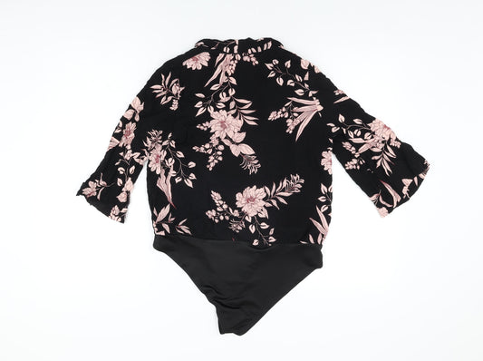 River Island Womens Black Floral Viscose Bodysuit One-Piece Size 10 Snap