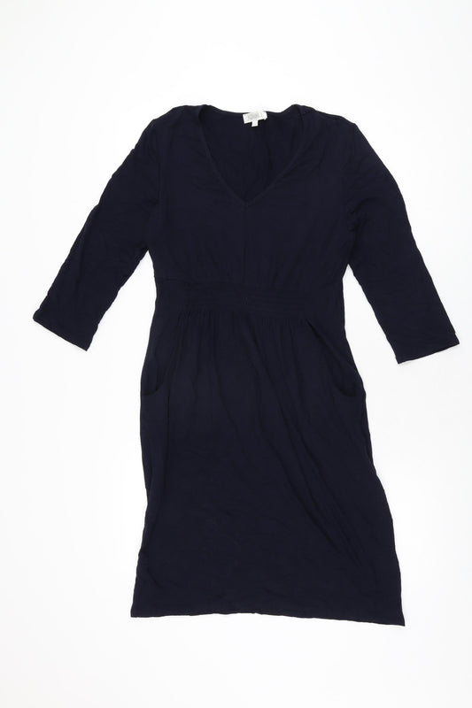 Additional front view of Kaliko women’s blue viscose bodycon, size UK 14, v-neck pullover