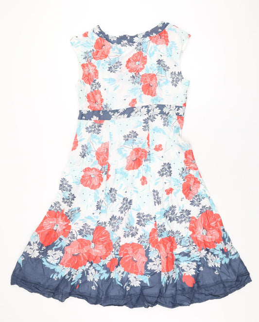 Monsoon Womens White Floral Polyester A-Line Size 14 V-Neck Zip