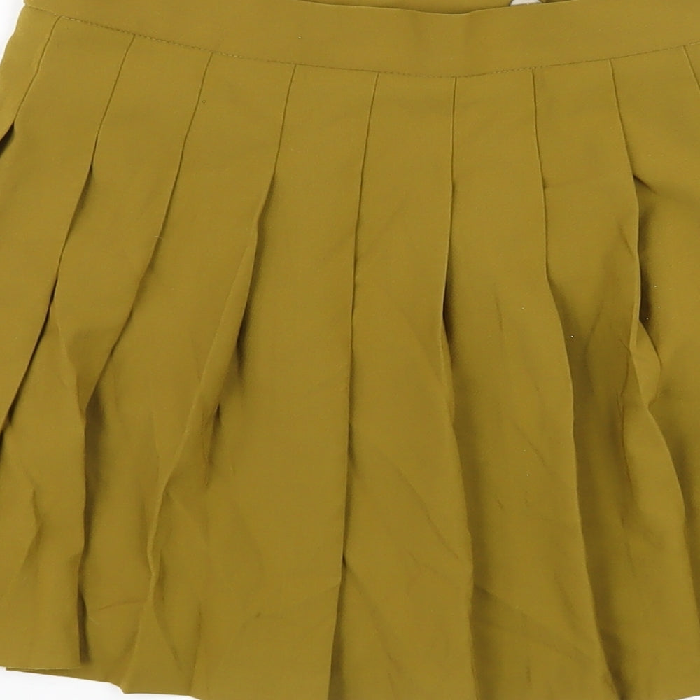 Brand and care label for ASOS women’s green polyester pleated skirt, size UK 8, button