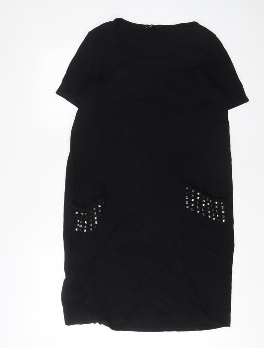 Additional front view of Roman women’s black viscose sheath, size UK 14, scoop neck pullover - studded