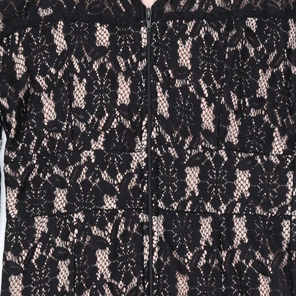 Dorothy Perkins Womens Black Floral Polyester Bodycon Size 14 Round Neck Zip