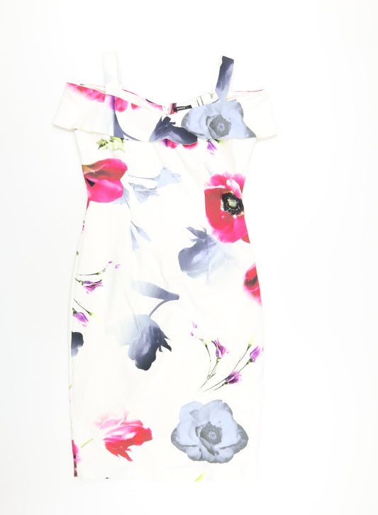 Additional front view of Roman women’s multicoloured floral polyester bodycon, size UK 10, square neck zip
