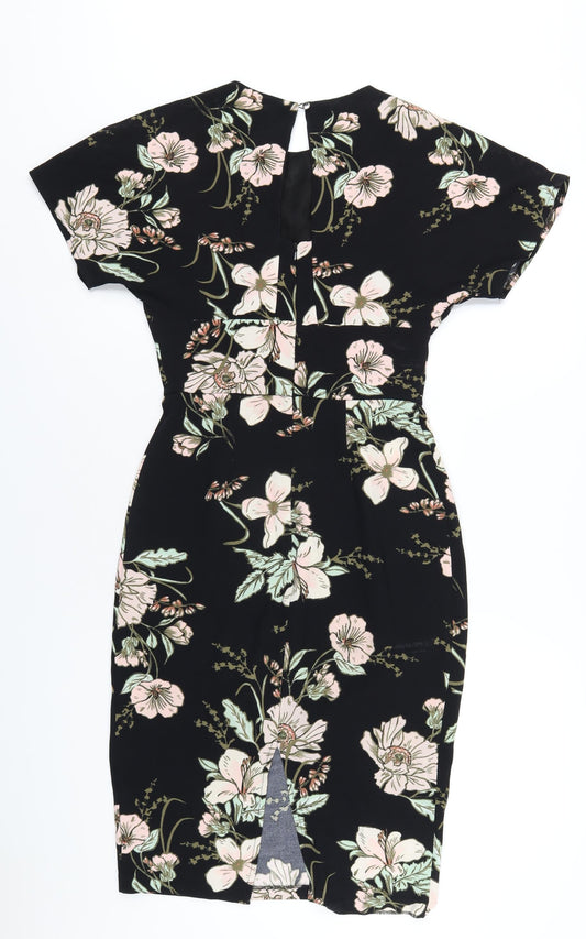 Oasis Womens Black Floral Polyester Bodycon Size 8 Round Neck Zip