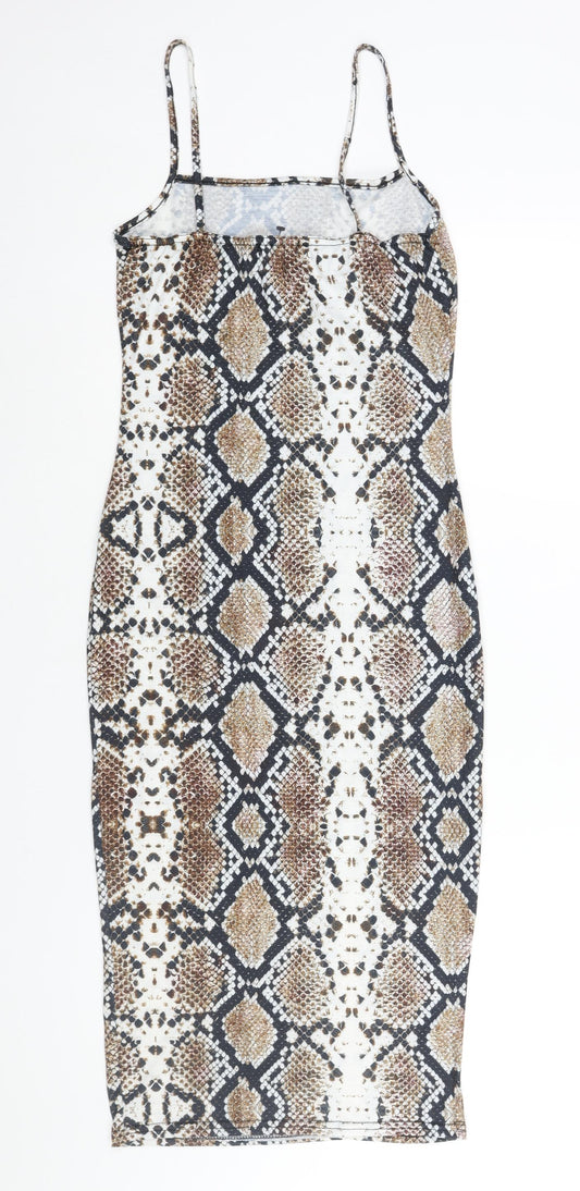 PRETTYLITTLETHING Womens Brown Animal Print Viscose Slip Dress Size 10 Square Neck Pullover - Snake Print