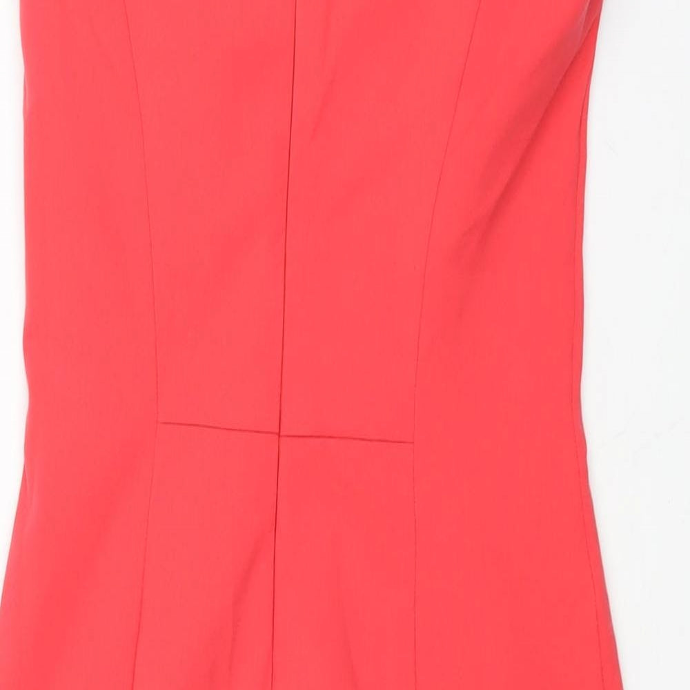 Brand and care label for French Connection women’s pink polyester pencil dress, size UK 10, round neck zip - cut out detail