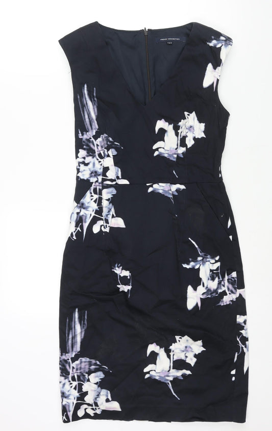 Additional front view of French Connection women’s blue floral cotton pencil dress, size UK 10, v-neck zip