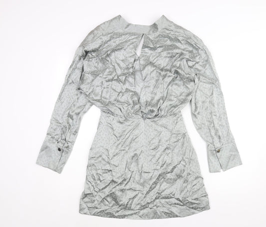 Topshop Womens Silver Geometric Silk Mini Size 8 V-Neck Zip