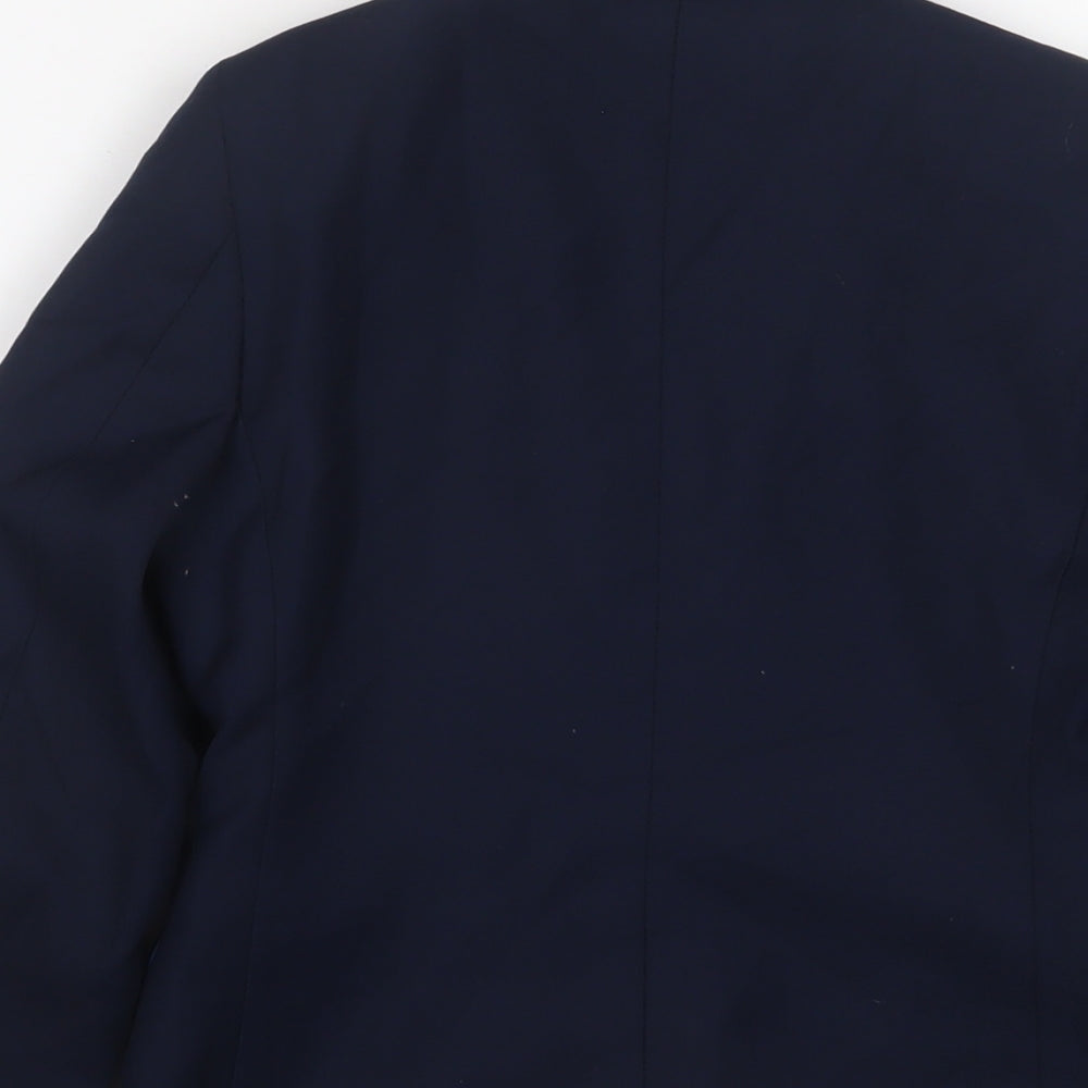Brand and care label for Duck and Cover boys’ blue jacket blazer, size 7, years button