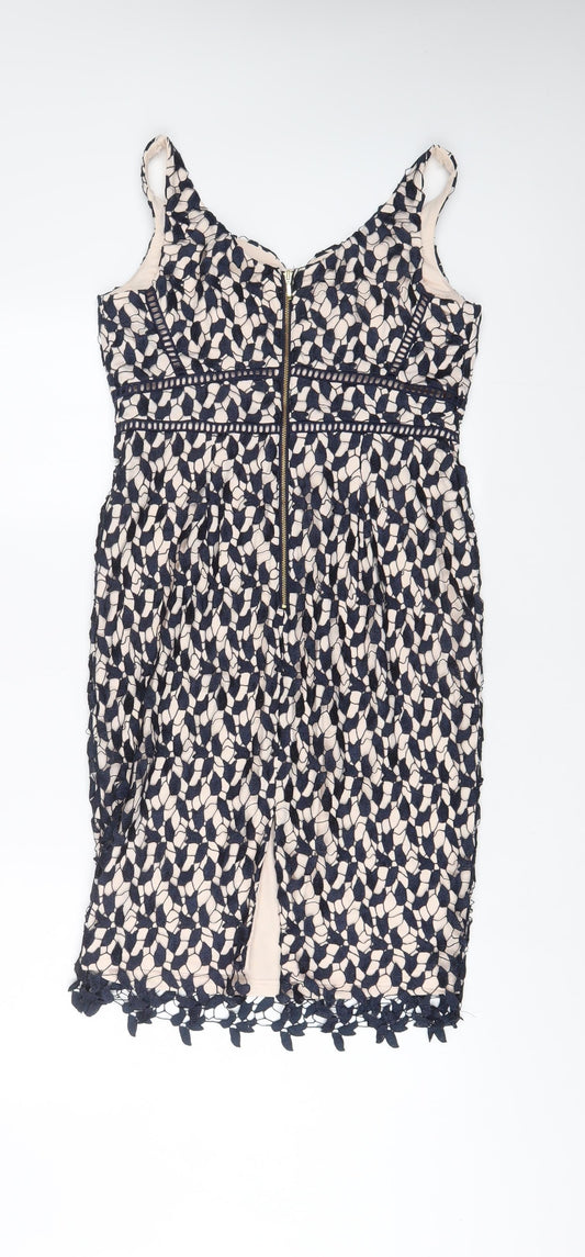 Coast Womens Beige Geometric Polyamide Sheath Size 10 V-Neck Zip - Embroidered