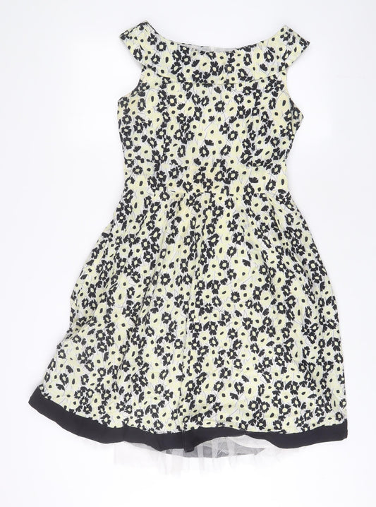 Additional front view of Principles women’s yellow floral cotton fit & flare, size UK 10, boat neck zip