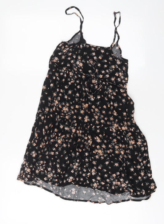 New Look Womens Black Floral Viscose A-Line Size 6 V-Neck Pullover - Belted