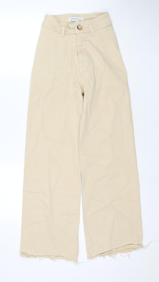 Additional front view of Denim & Co. women’s beige cotton wide-leg jeans, size UK 4, 28-inch leg regular zip