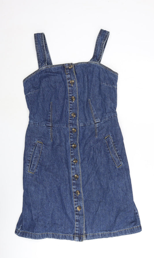 Dorothy Perkins Womens Blue Cotton Shift Size 10 Square Neck Button