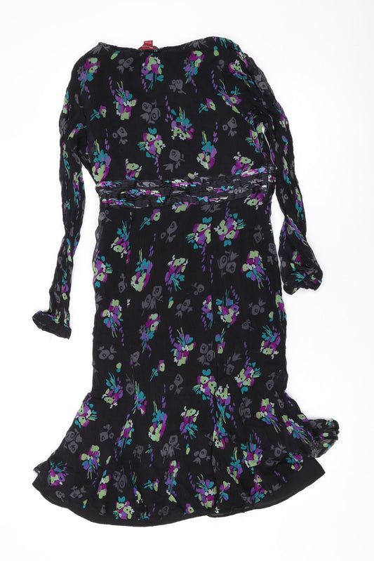 Monsoon Womens Black Floral Silk A-Line Size 14 V-Neck Zip